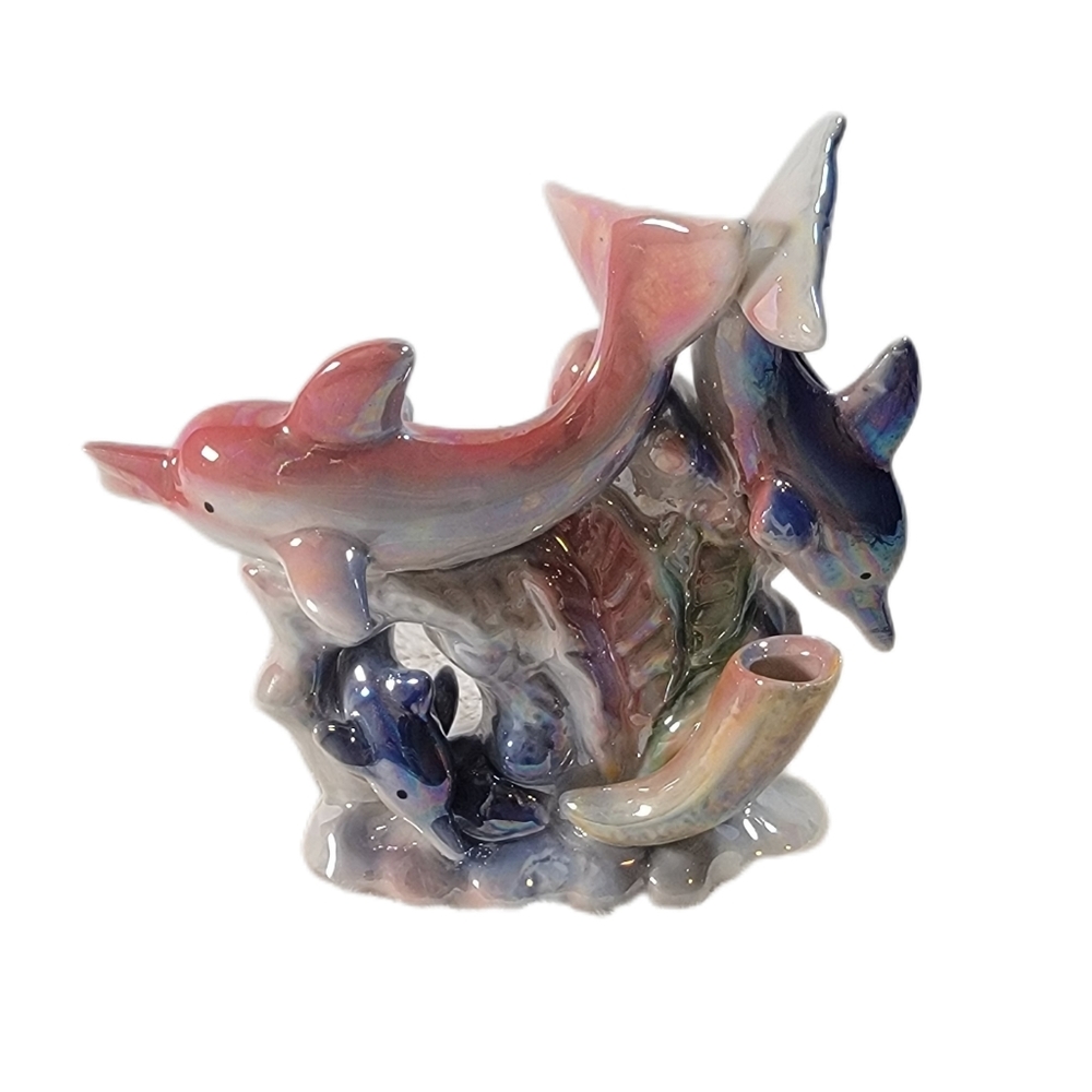 Dolphins and Coral Reefs L6"x5 1/2"Hx2" 1/2"W. Iridescent Ceramic Figurine - Picture 1 of 8